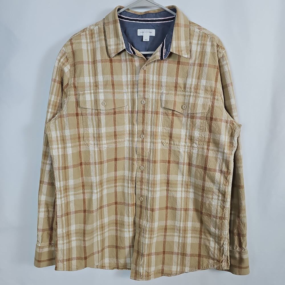 Sun + Stone Light Brown Plaid Button Down Long Sleeve Shirt Men's Size L,Outdoor